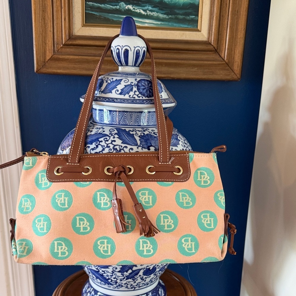 Vintage Dooney & Bourke Peach & Green Logo Polka Dot Pattern Shoulder Bag